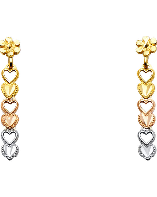 14K Tri-Color Gold Mulit-Heart Dangle Earrings