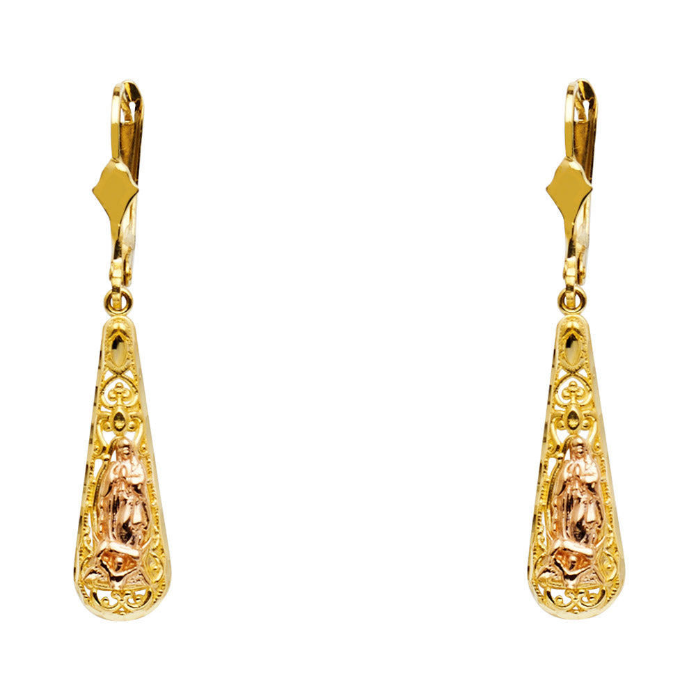 14K Tri-Color Gold Virgen de Guadalupe Long Dangle Earrings