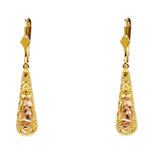 14K Tri-Color Gold Virgen de Guadalupe Long Dangle Earrings