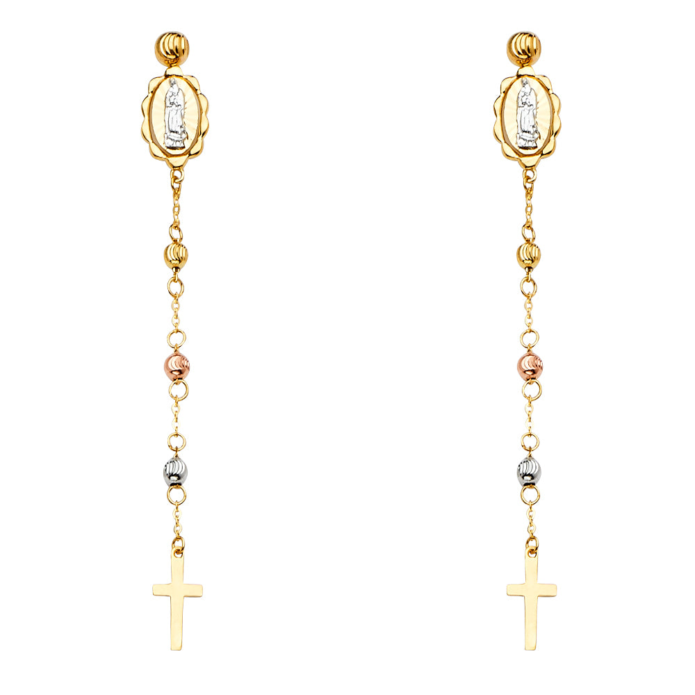 14K Tri-Color Gold Guadalupe & Cross Dangle Earrings