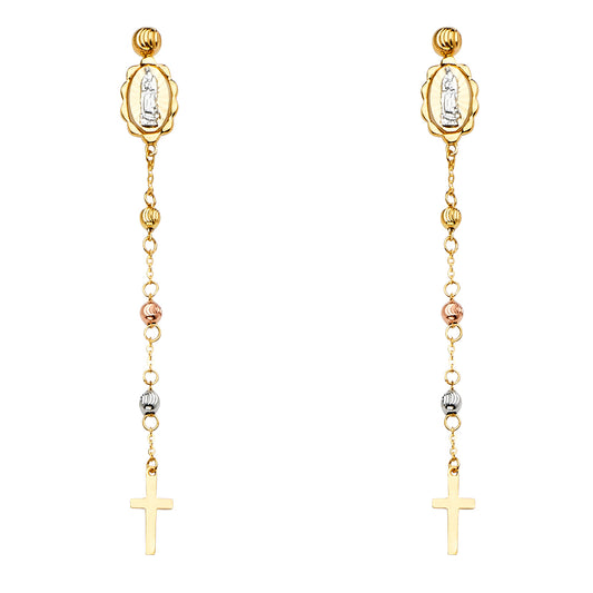 14K Tri-Color Gold Guadalupe & Cross Dangle Earrings