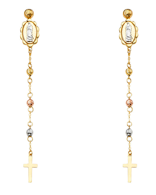 14K Tri-Color Gold Guadalupe & Cross Dangle Earrings