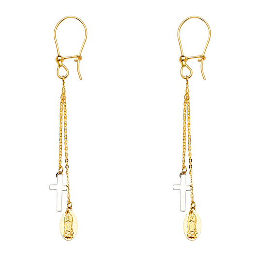 14K Two-Tone Gold Guadalupe & Cross Dangle Earrings