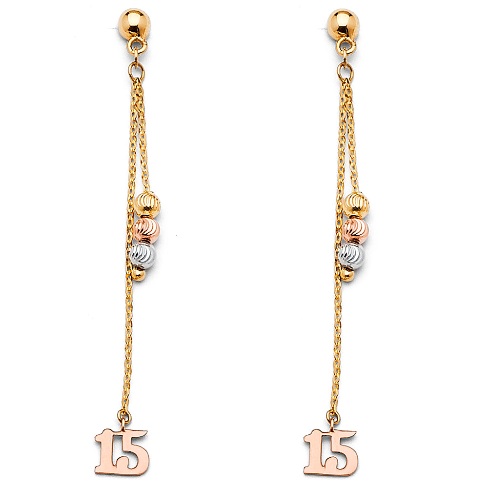 14K Tri-Color Gold Quinceañera "15" Dangle Earrings