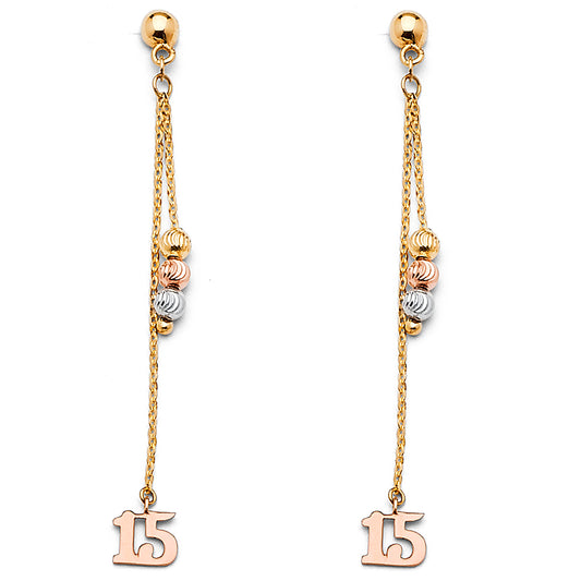 14K Tri-Color Gold Quinceañera "15" Dangle Earrings