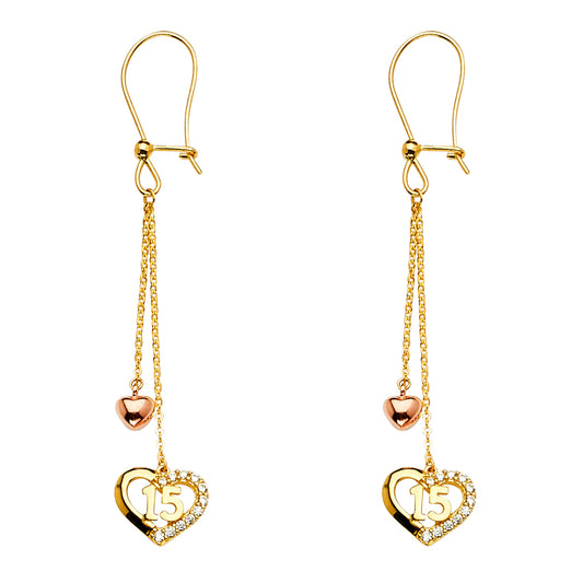 14K Two-Tone Gold Quinceañera Heart CZ Dangle Earrings