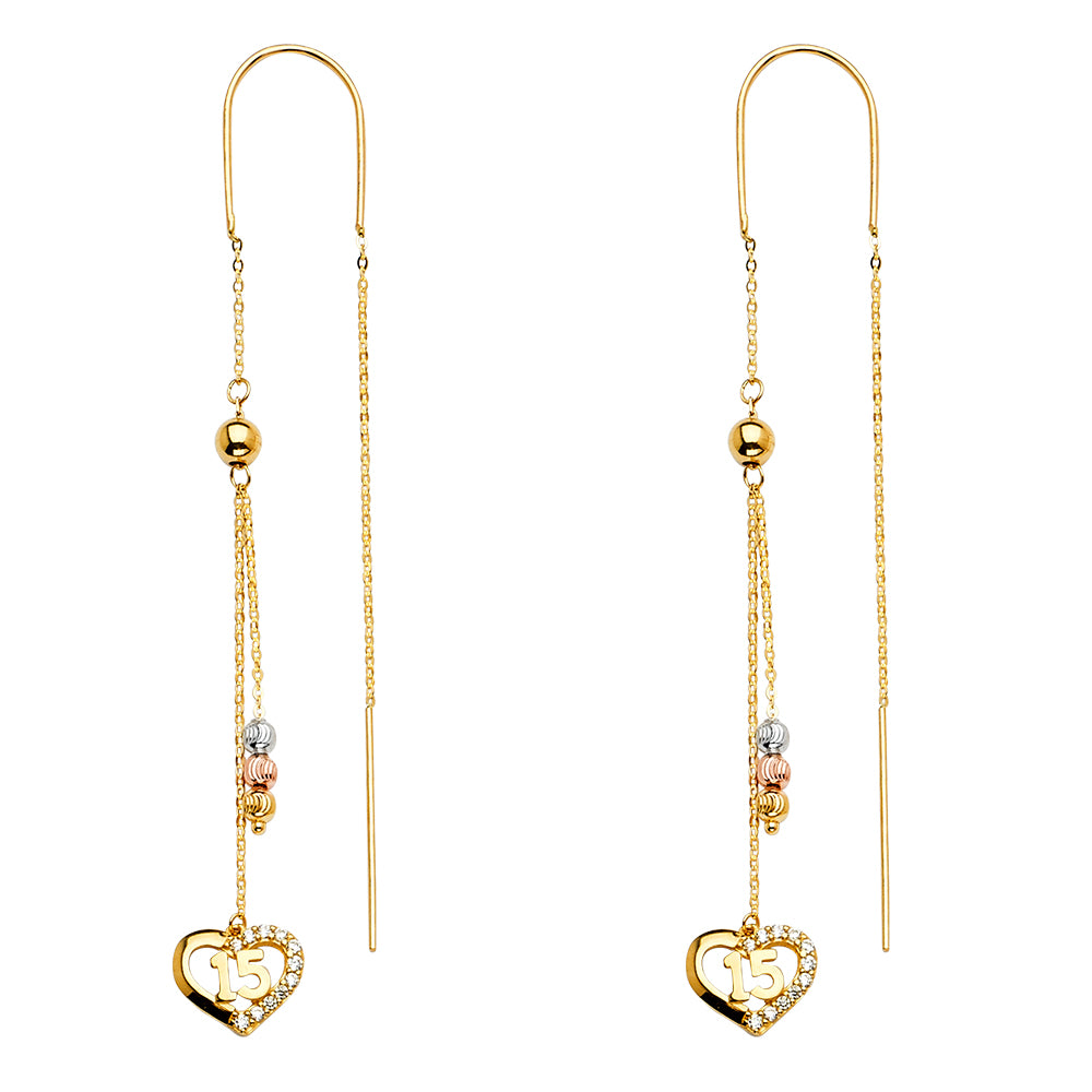 14K Tri-Color Gold Quinceañera Heart CZ Threader Earrings