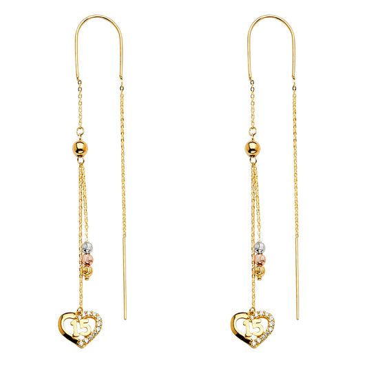 14K Tri-Color Gold Quinceañera Heart CZ Threader Earrings
