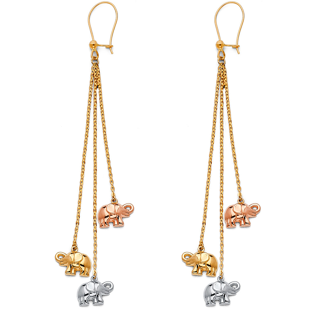 14K Tri-Color Gold Triple Elephant Dangle Earrings