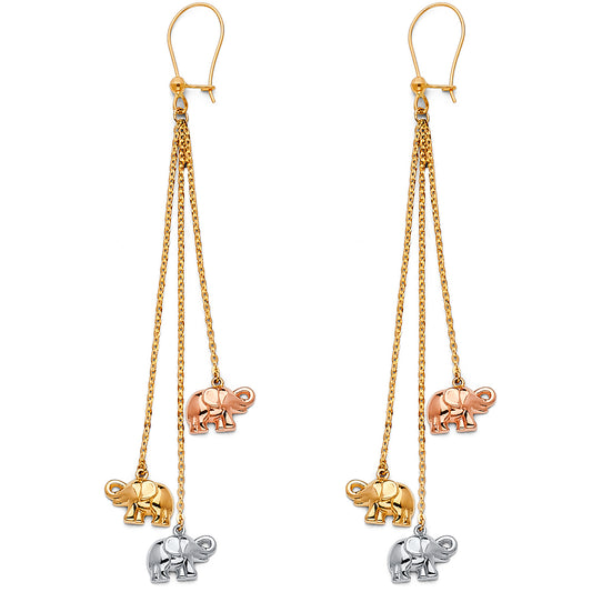 14K Tri-Color Gold Triple Elephant Dangle Earrings