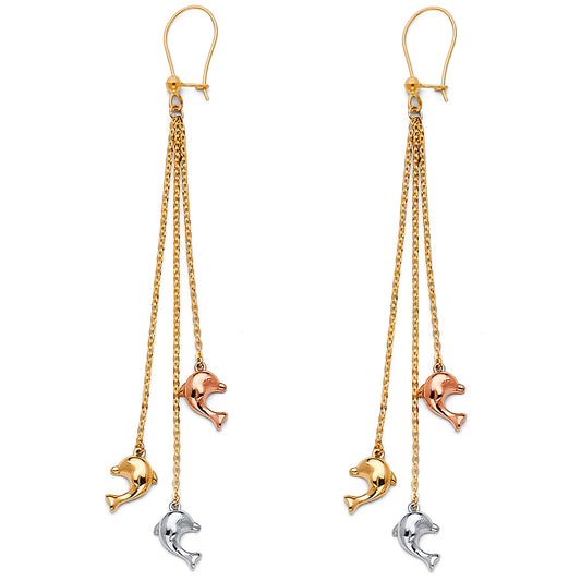 14K Tri-Color Gold Triple Dolphin Dangle Earrings