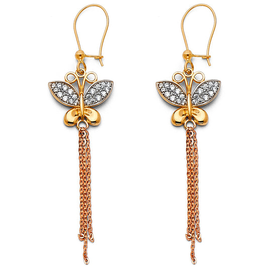 14K Two-Tone Gold Butterfly CZ Dangle Earrings