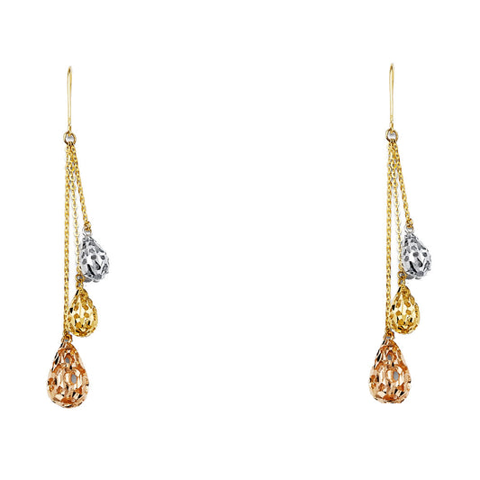 14K Tri-Color Gold Filigree Teardrop Dangle Earrings