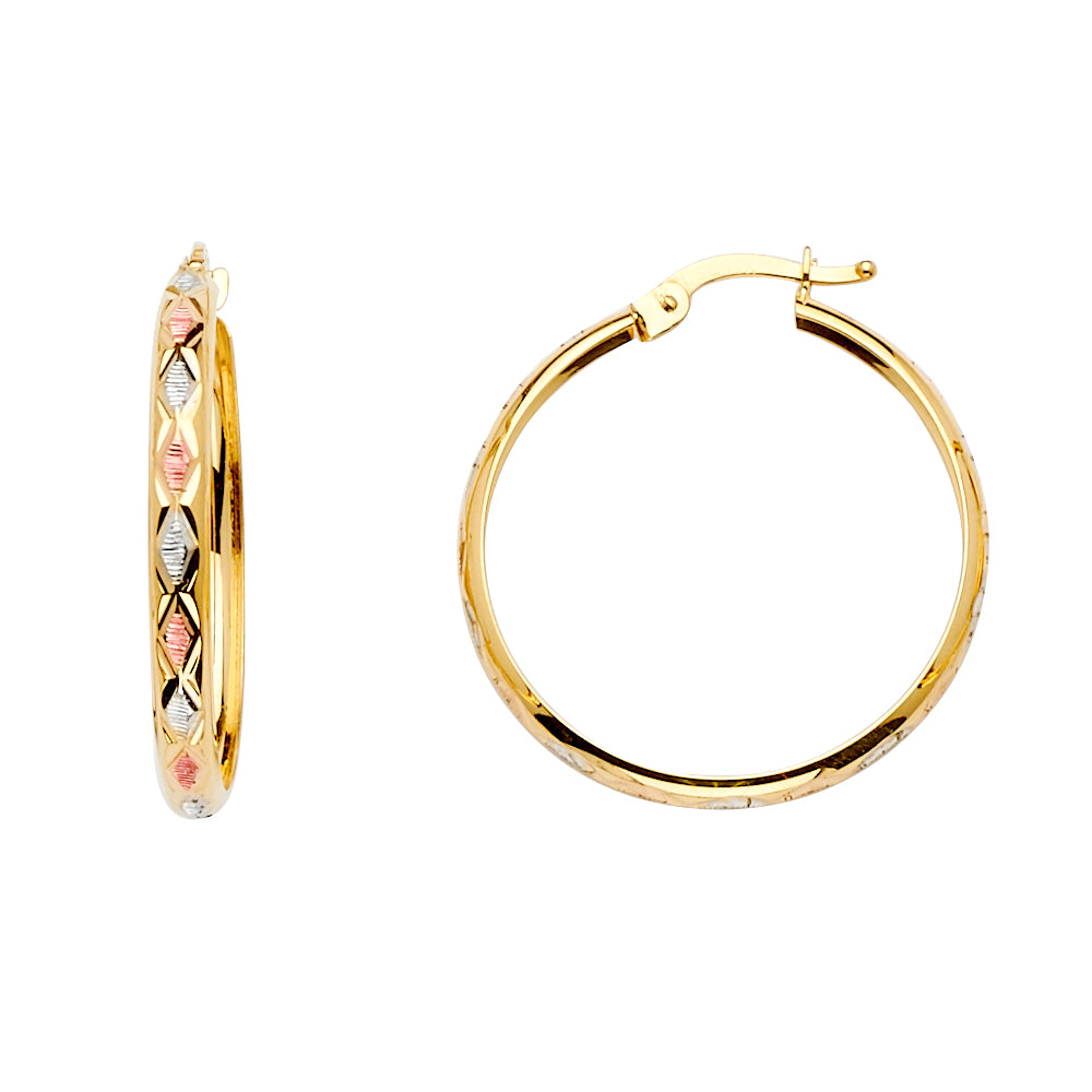 14K Tri-Color Gold Diamond-Cut Hoop Earrings aprox 1" in diameter