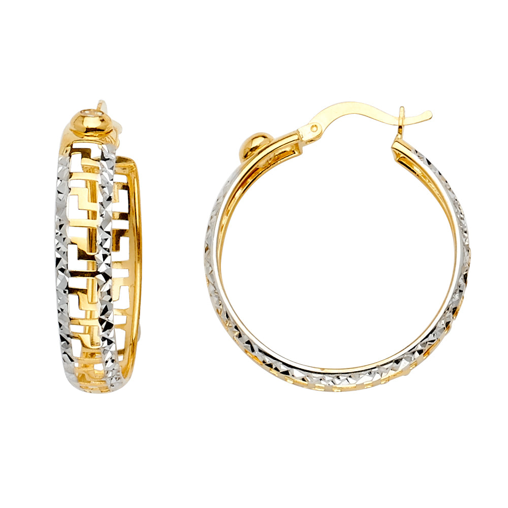 14K Two-Tone Gold Greek-Key Diamond-Cut Hoop Earrings aprox 1" in diameter