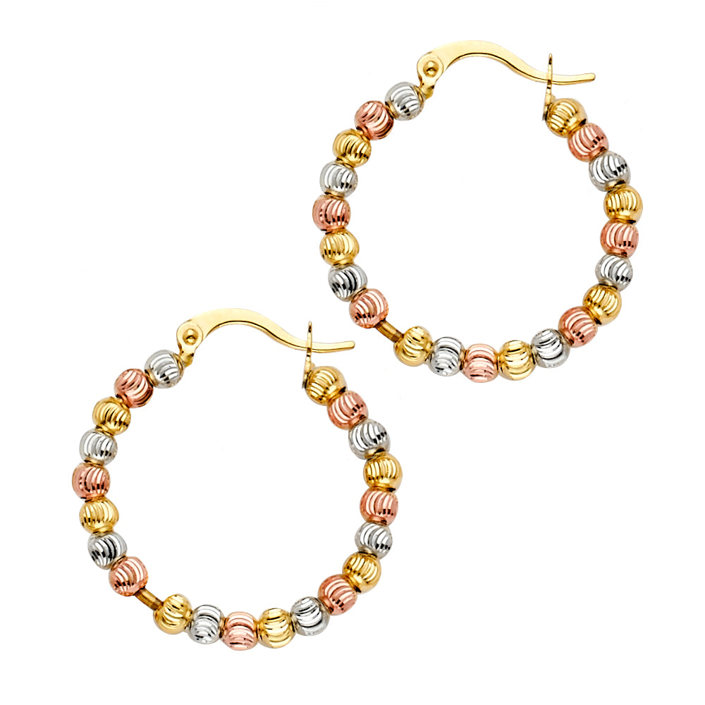 14K Tri-Color Gold Faceted Bead Hoop Earrings aprox 1" in diameter