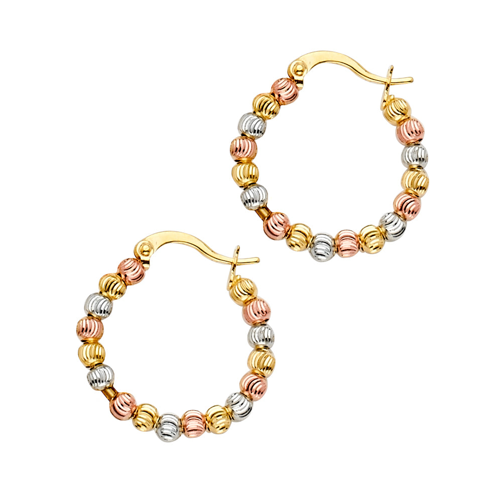 14K Tri-Color Gold Faceted Bead Hoop Earrings aprox 3/4" in diameter