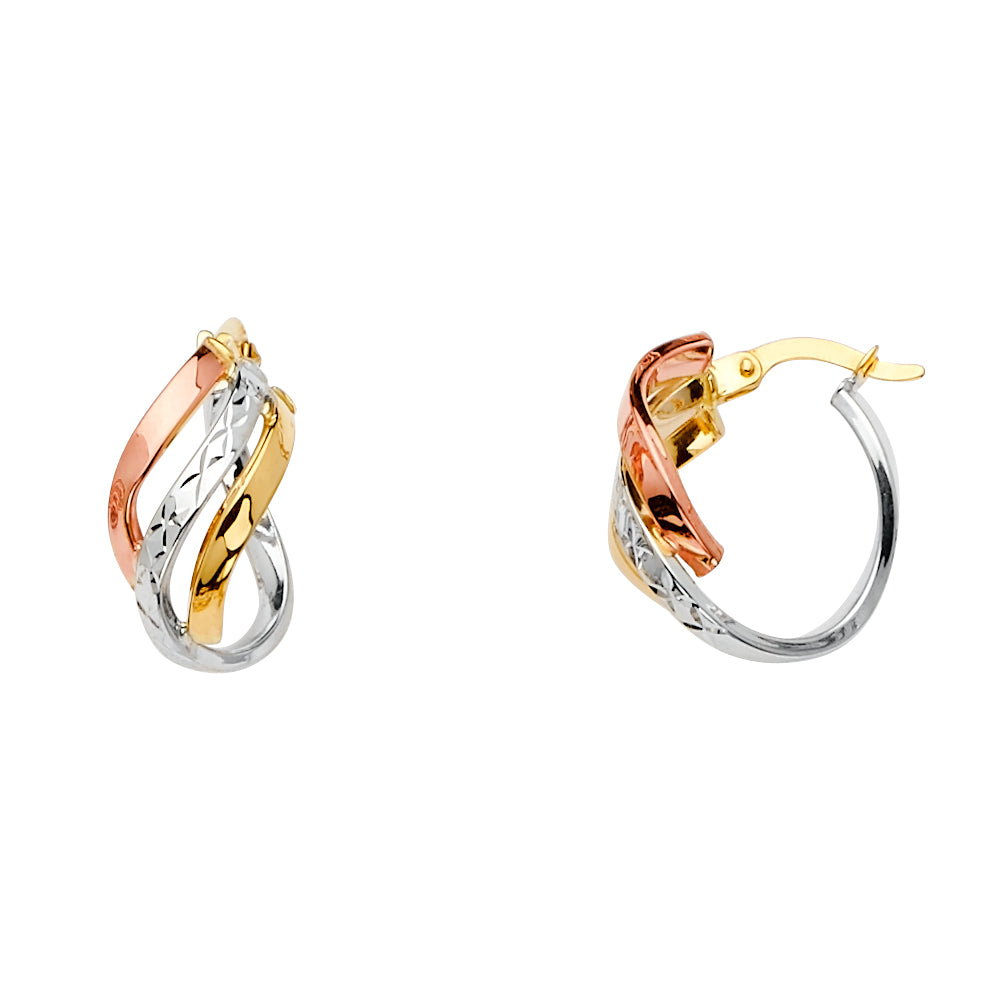 14K Tri-Color Gold Twisted Diamond-Cut Hoop Earrings aprox 3/4" tall