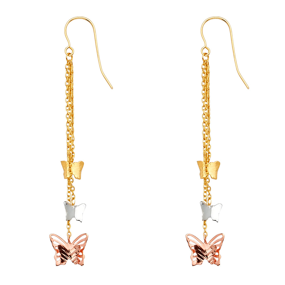 14K Tri-Color Gold Butterfly Dangle Earrings