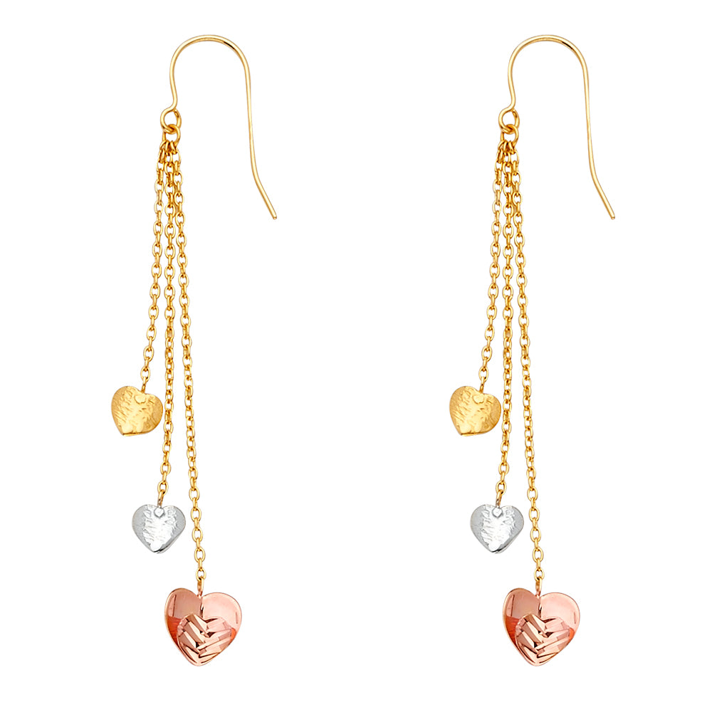 14K Tri-Color Gold Triple Heart Dangle Earrings