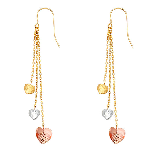 14K Tri-Color Gold Triple Heart Dangle Earrings