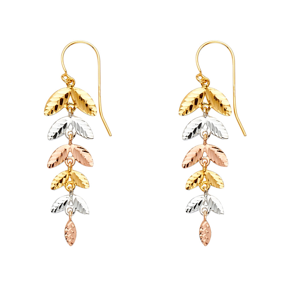 14K Tri-Color Gold Leaf Dangle Earrings