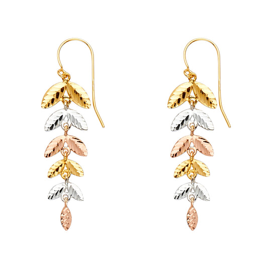 14K Tri-Color Gold Leaf Dangle Earrings