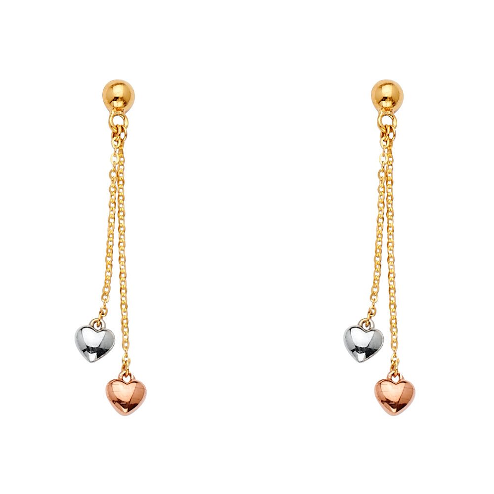 14K Tri-Color Gold Double Heart Dangle Earrings