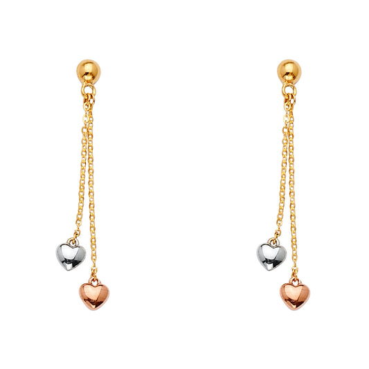 14K Tri-Color Gold Double Heart Dangle Earrings