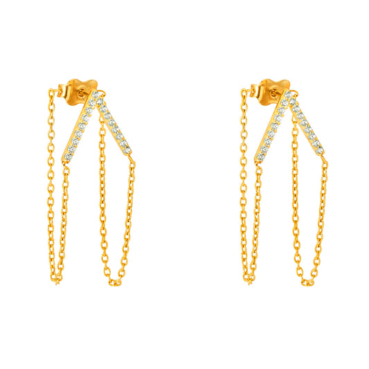 14K Yellow Gold Fancy Chain V-Shape Dangle CZ Earrings