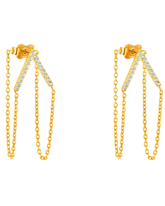 14K Yellow Gold Fancy Chain V-Shape Dangle CZ Earrings