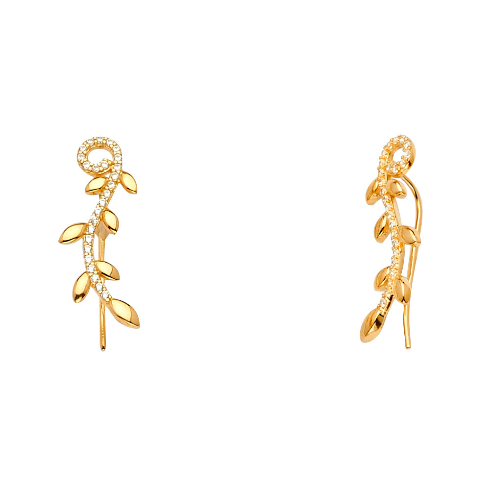 14K Yellow Gold Leaf Climber CZ Earrings
