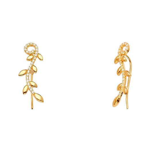 14K Yellow Gold Leaf Climber CZ Earrings