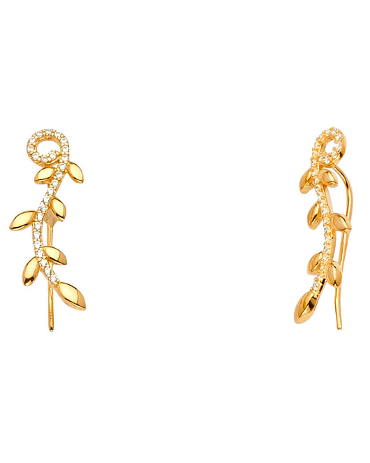14K Yellow Gold Leaf Climber CZ Earrings