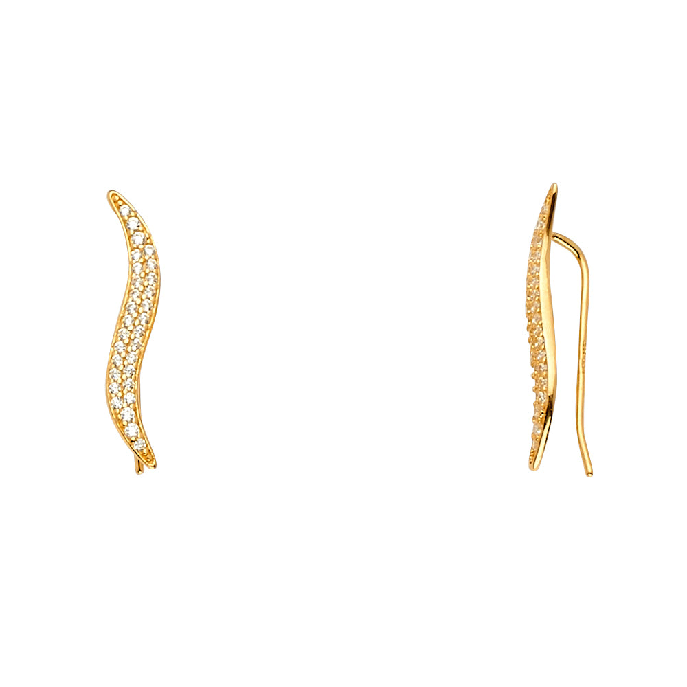 14K Yellow Gold Leaf Climber CZ Earrings