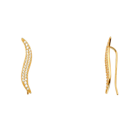 14K Yellow Gold Leaf Climber CZ Earrings