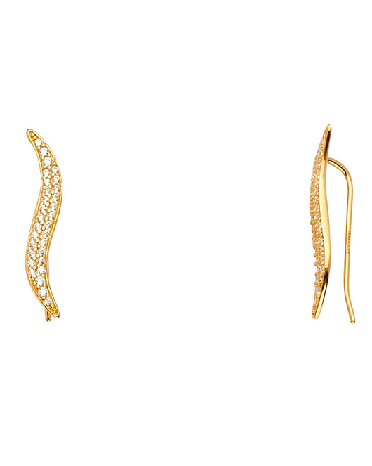 14K Yellow Gold Leaf Climber CZ Earrings