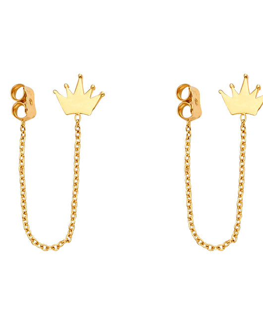 14K Yellow Gold Crown Chain Earrings