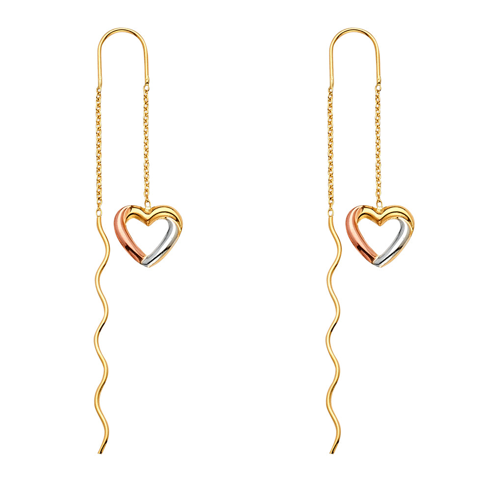 14K Tri-Color Gold Heart Design Double Strand Threader Dangle Earrings