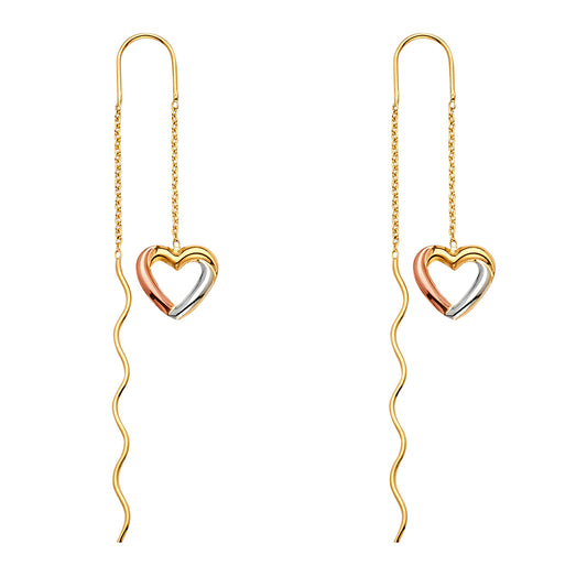 14K Tri-Color Gold Heart Design Double Strand Threader Dangle Earrings