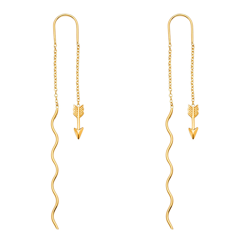 14K Yellow Gold Arrow Design Double Strand Threader Dangle Earrings