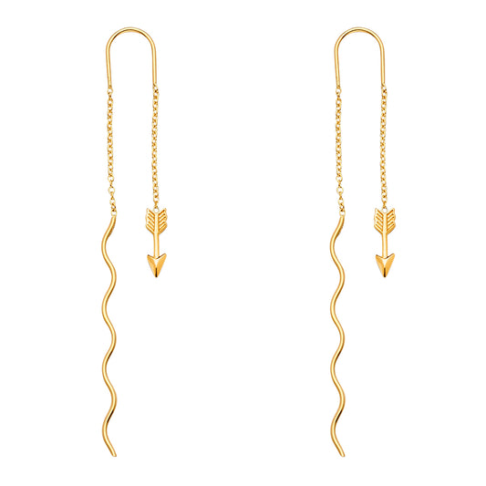 14K Yellow Gold Arrow Design Double Strand Threader Dangle Earrings