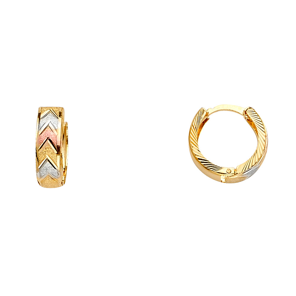 14K tri-color gold huggie earrings with a diamond-cut arrow design