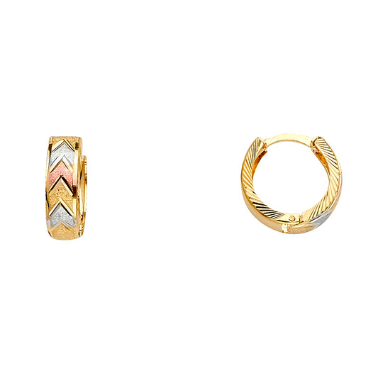 14K tri-color gold huggie earrings with a diamond-cut arrow design