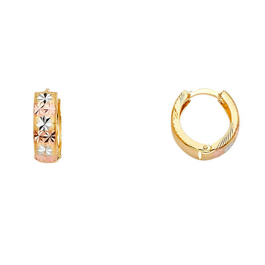 14K tri-color gold huggie earrings with a diamond-cut floral design.