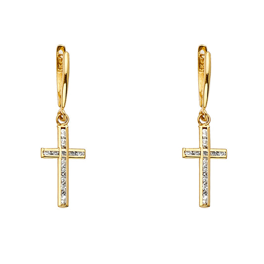 14K Yellow Gold Dangling Cross Earrings With Cubic Zirconia Stones