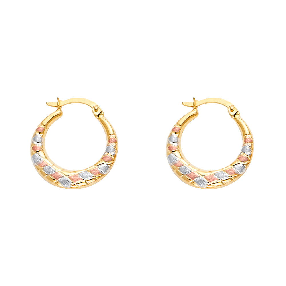 14K Tri-Color Gold Diamond-Cut Pattern Hoop Earrings