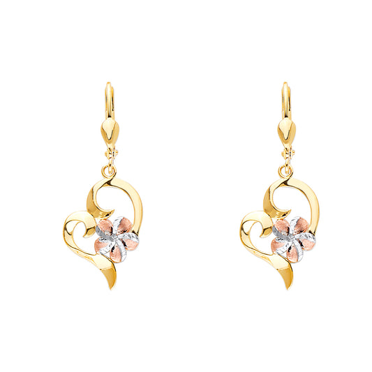 14K Tri-Color Gold Heart and Flower Dangle Earrings