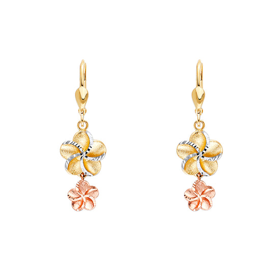 14K Tri-Color Gold Double Flower Dangle Earrings
