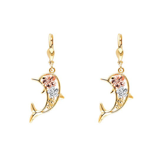 14K Tri-Color Gold Dolphin Dangle Earrings